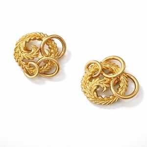 Vintage 70s Monet Clip-On Earrings Gold Tone Laurel Wreath & Interlocking Rings